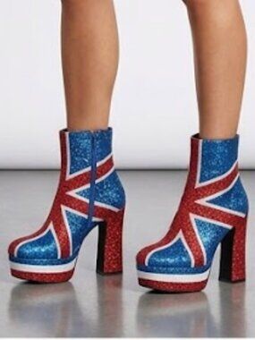 Jeffrey Campbell Spice It Union Jack British Flag Glitter Bootie, 8 NWOB